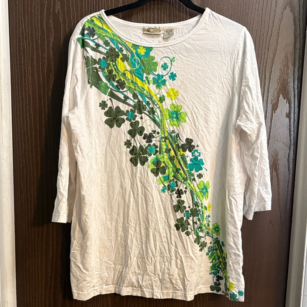 White Long Sleeve Top with Green Floral Design